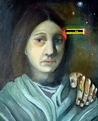 Self Portrait with hand and pencil by Siobhain Moriarty